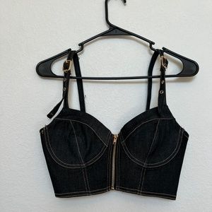Dark Denim Zip-Up Corset with Adjustable Straps